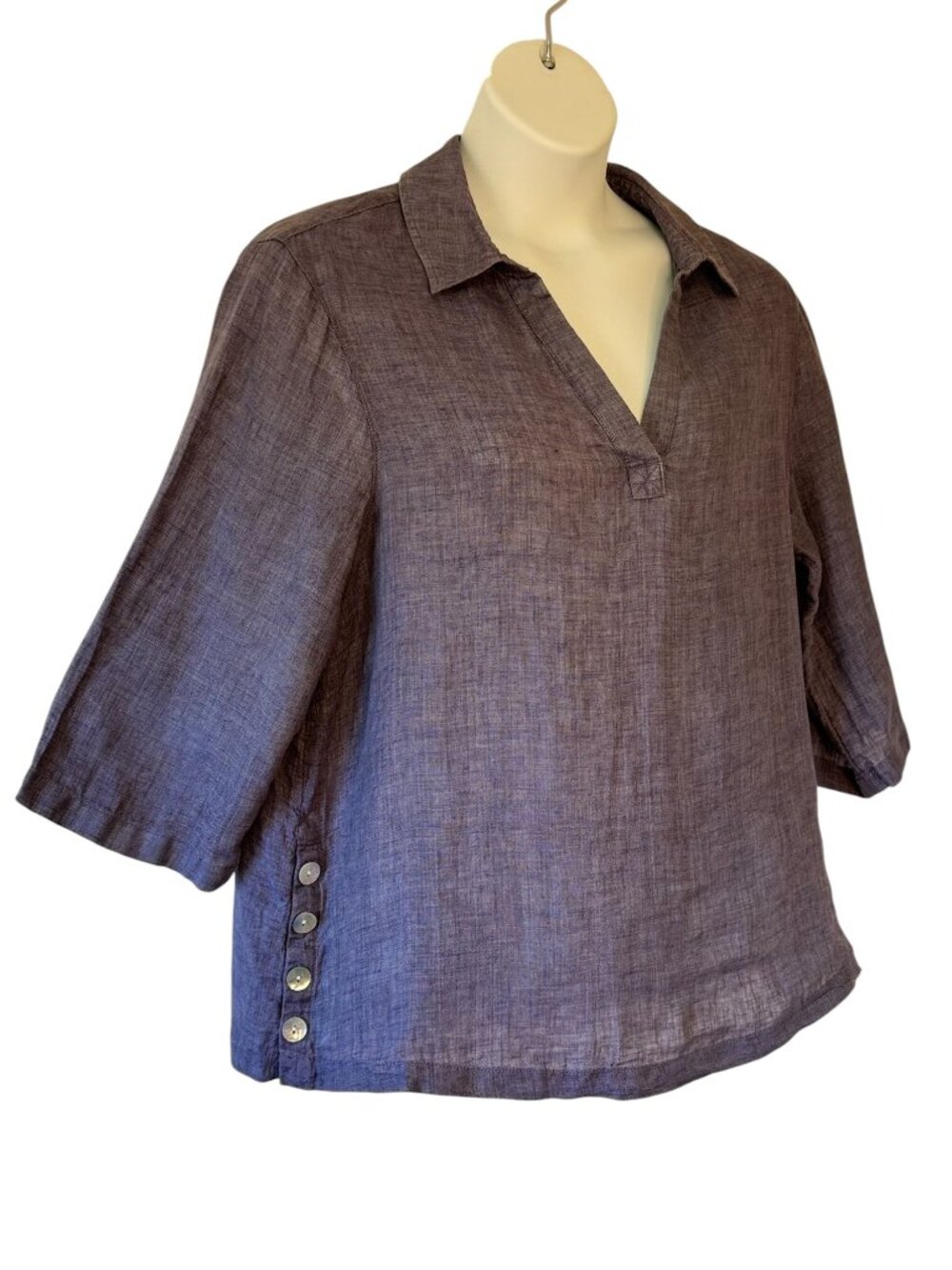 Tahari Linen Tunic Collared V Neck Violet Color Coastal Plus Size Black Label 1X